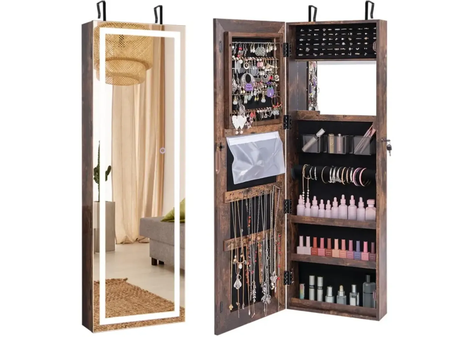 Hivvago Mirrored Jewelry Armoire with Full Length Mirror and 2 Internal LED Lights