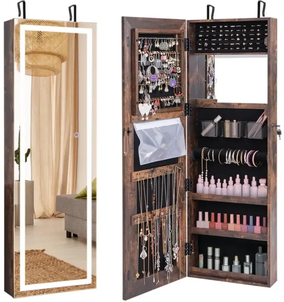 Hivvago Mirrored Jewelry Armoire with Full Length Mirror and 2 Internal LED Lights