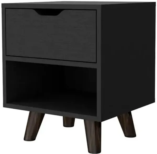 Nightstand with Spacious Drawer, Open Storage Shelf and Chic Wooden Legs, Black