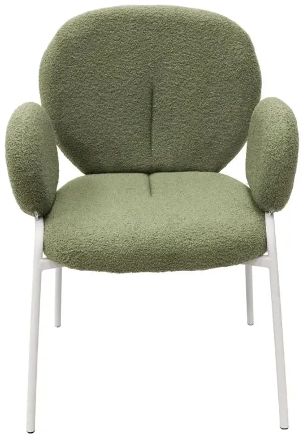 LeisureMod Celestial Series Boucle Dining Arm Chair, White Frame with Green Fabric
