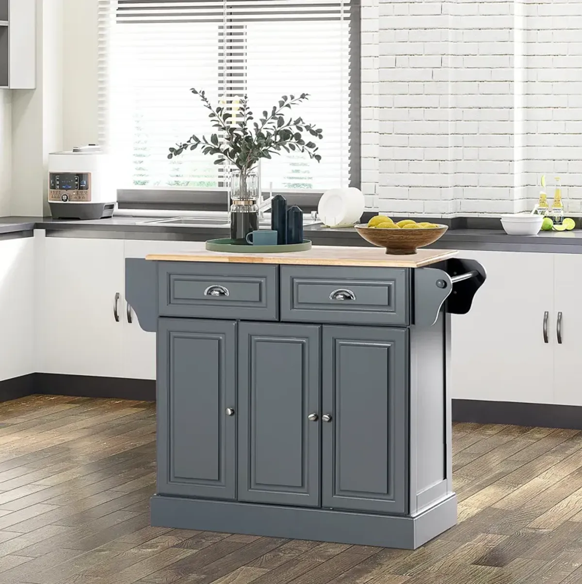 Gray Kitchen Assistant: Rolling Cart with Rubber Wood Top & Storage