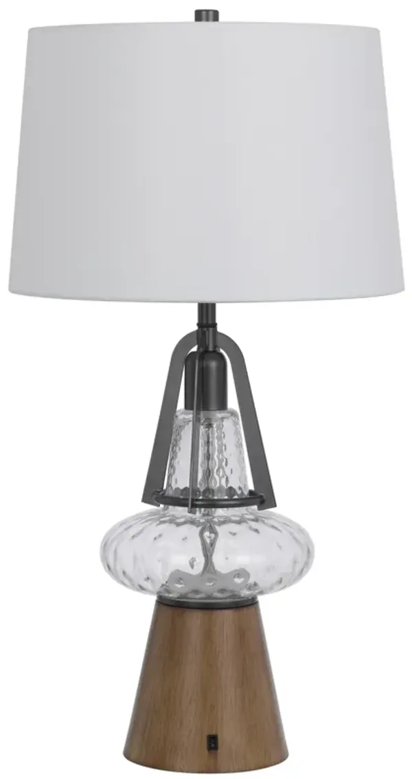 Leya 30 Inch Table Lamp, Lantern Style Glass Base, White Fabric Shade - Benzara