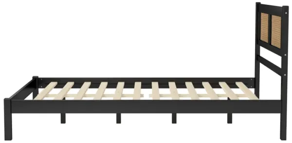 Wooden Platform Bed with Rattan Headboard and Minimalist Design