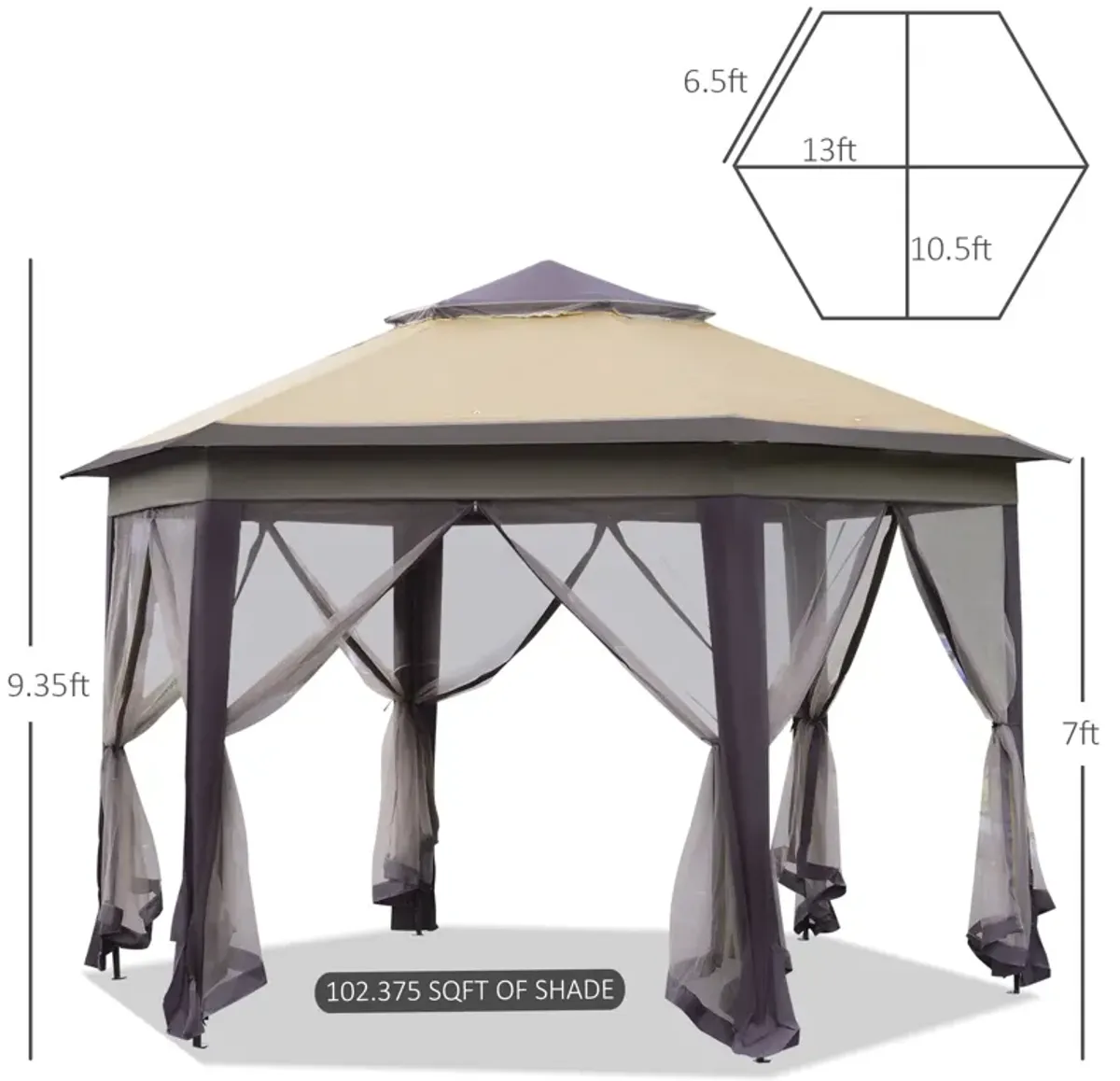 Hexagonal Event Tent: Pop Up Gazebo with 6 Zippered Mesh Netting, Steel Frame, 13.3' x 13.3'