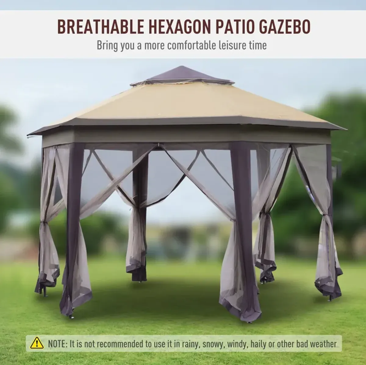 Hexagonal Event Tent: Pop Up Gazebo with 6 Zippered Mesh Netting, Steel Frame, 13.3' x 13.3'