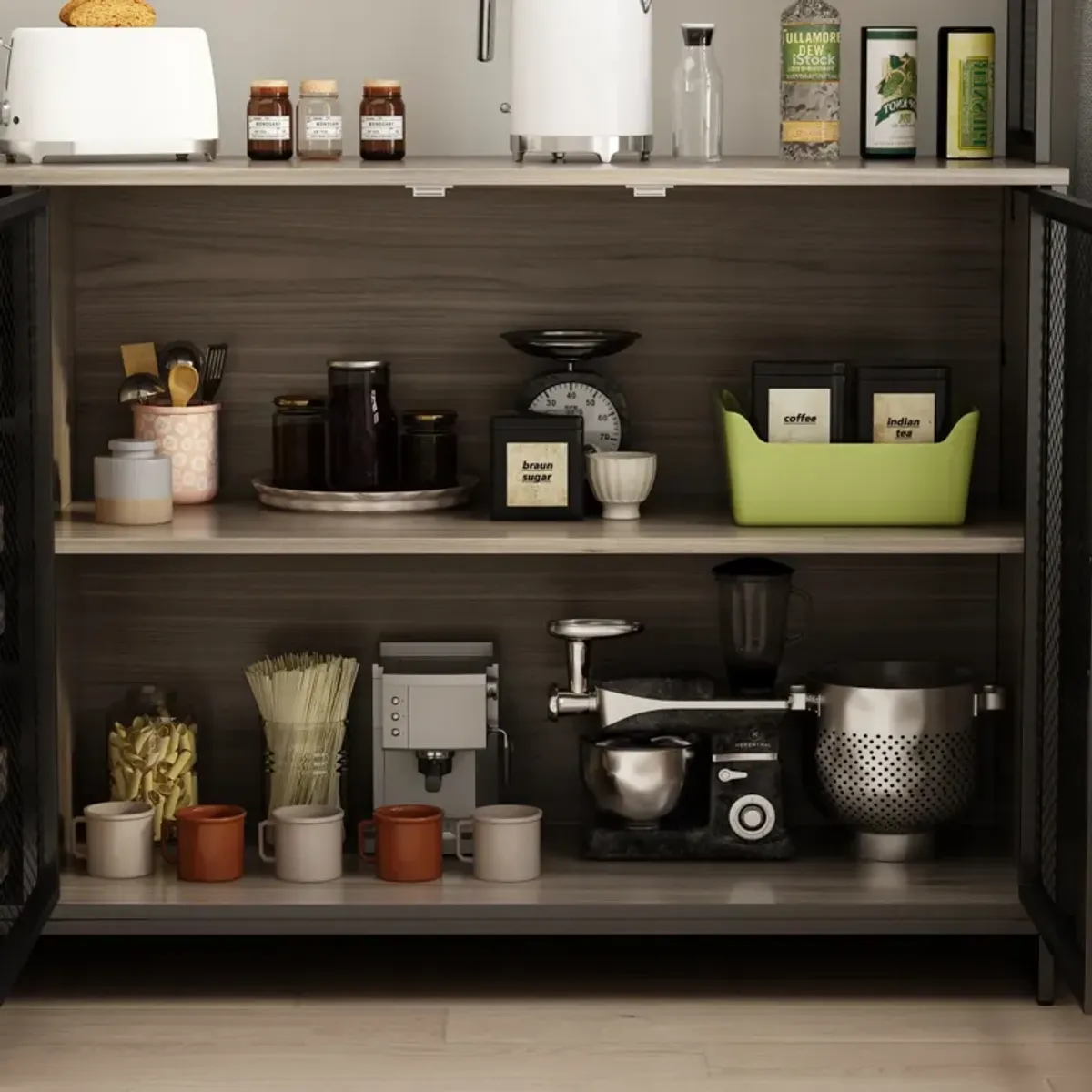 59 in. W Kitchen Light Brown Wood Buffet Sideboard Pantry Cabinet For Dining Room with Metal Mesh Doors, 3-Drawers