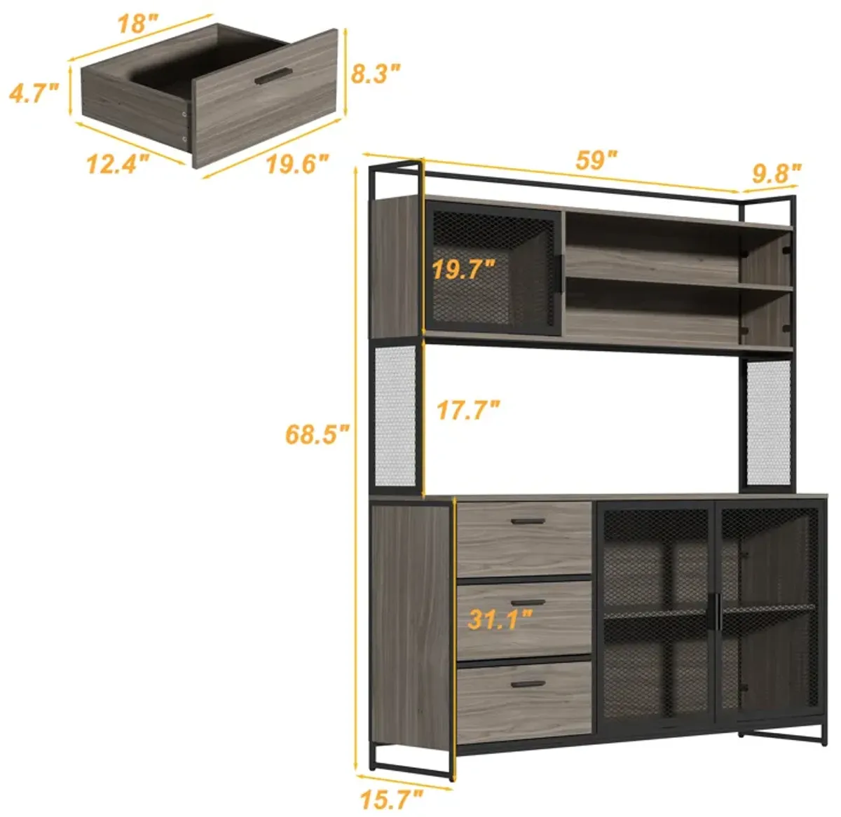 59 in. W Kitchen Light Brown Wood Buffet Sideboard Pantry Cabinet For Dining Room with Metal Mesh Doors, 3-Drawers