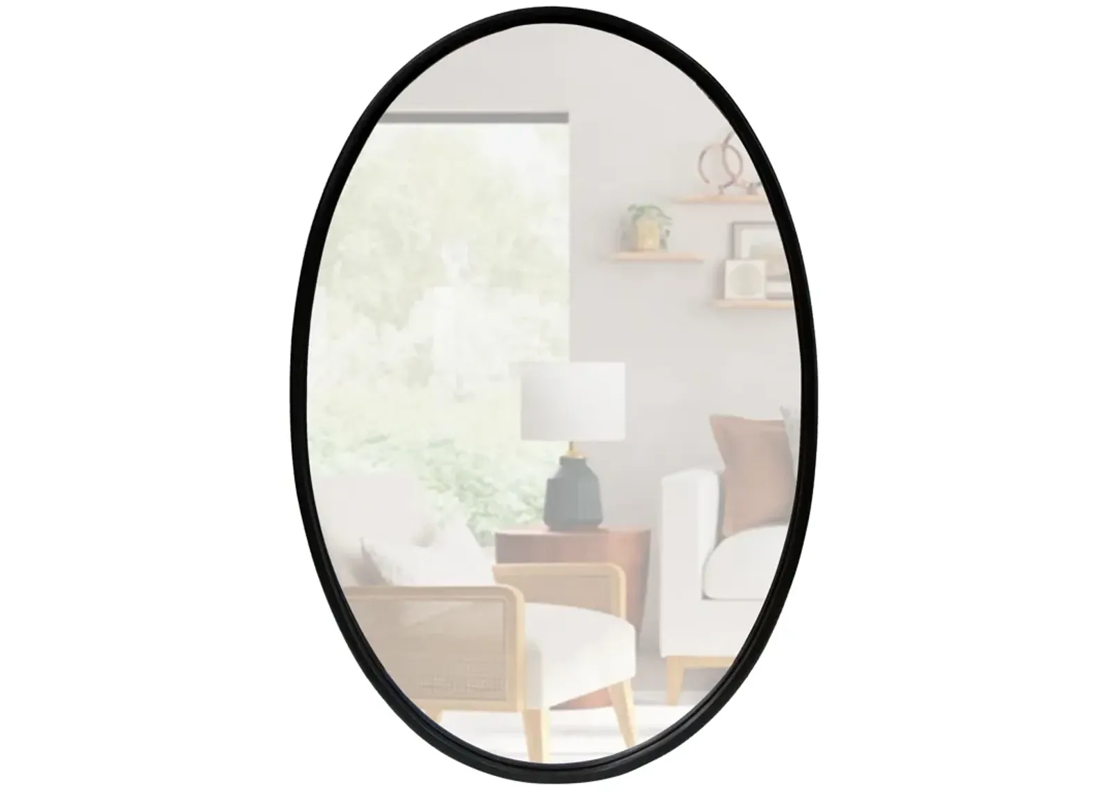 Oval Metal Wall Mirror with Framed Edges and Wooden Backing, Black-Benzara