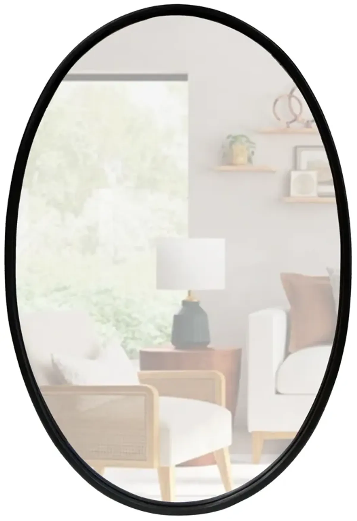 Oval Metal Wall Mirror with Framed Edges and Wooden Backing, Black-Benzara