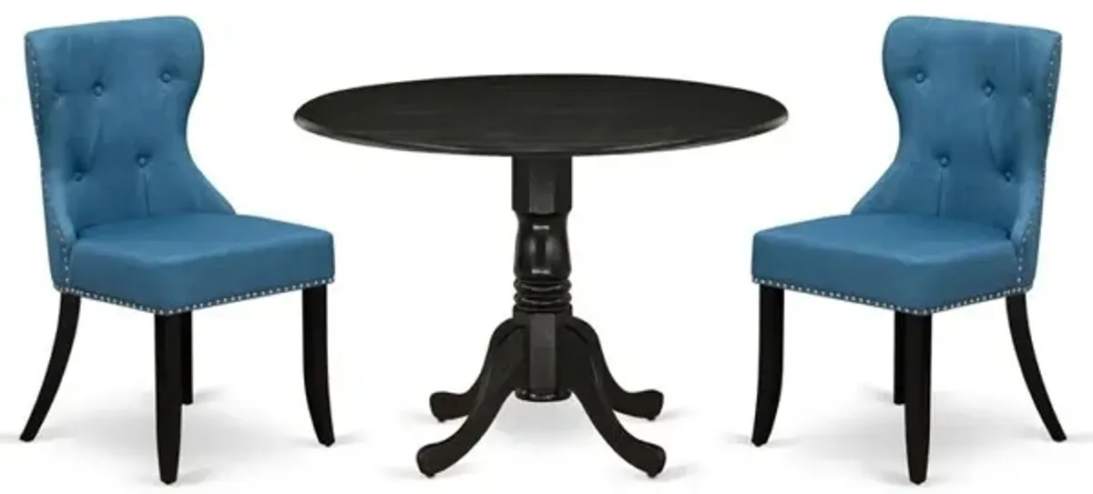 East-West Furniture DLSI3-ABK-21 - A dining table set of 2 excellent parson chairs using Linen Fabric Mineral Blue color and a gorgeous midcentury dining table with Wire brushed Black