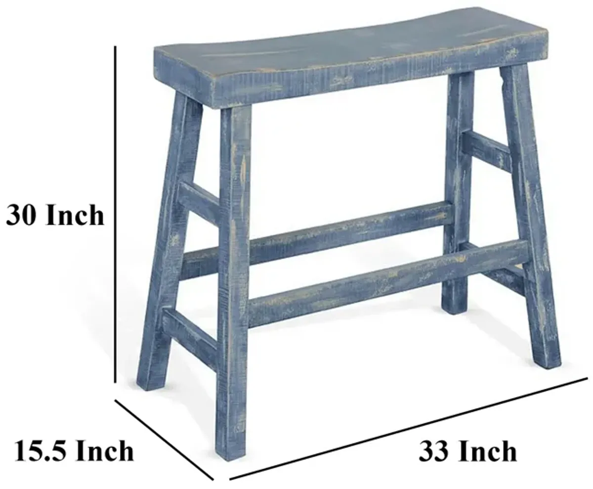 Rena Bar Height Bench, 33 Inch Rustic Ocean Blue Mahogany Wood Frame - Benzara