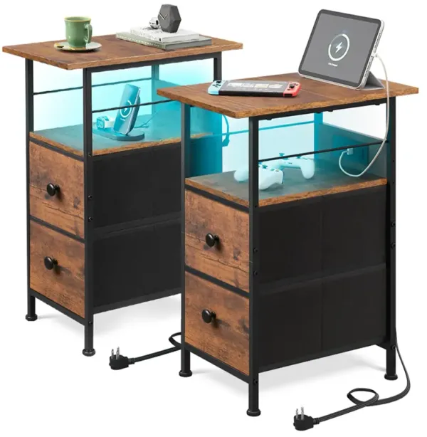 WLIVE Nightstand Set of 2 with Charging Station, End Table Sets with LED Lights, 2 Fabric Drawers and Open Shelf, Bed Side Table