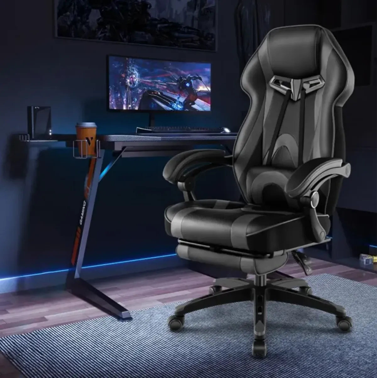 Hivvago Gaming Chair Racing Style Swivel Chair with Footrest and Adjustable Lumbar Pillow