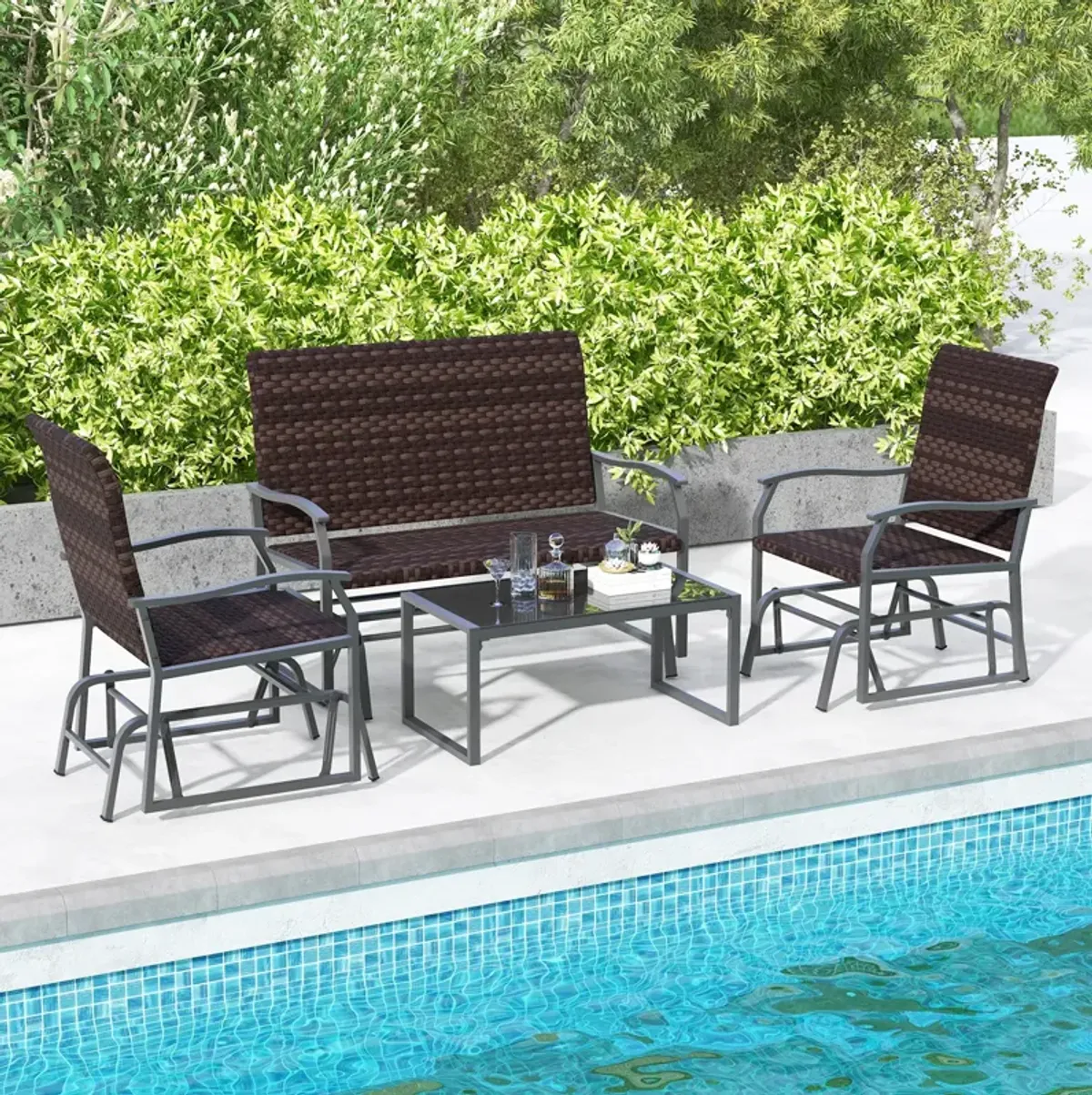 4-Piece Patio Gliding Set with Wicker Swing Glider and All-Weather Cushions, Tempered Glass Coffee Table