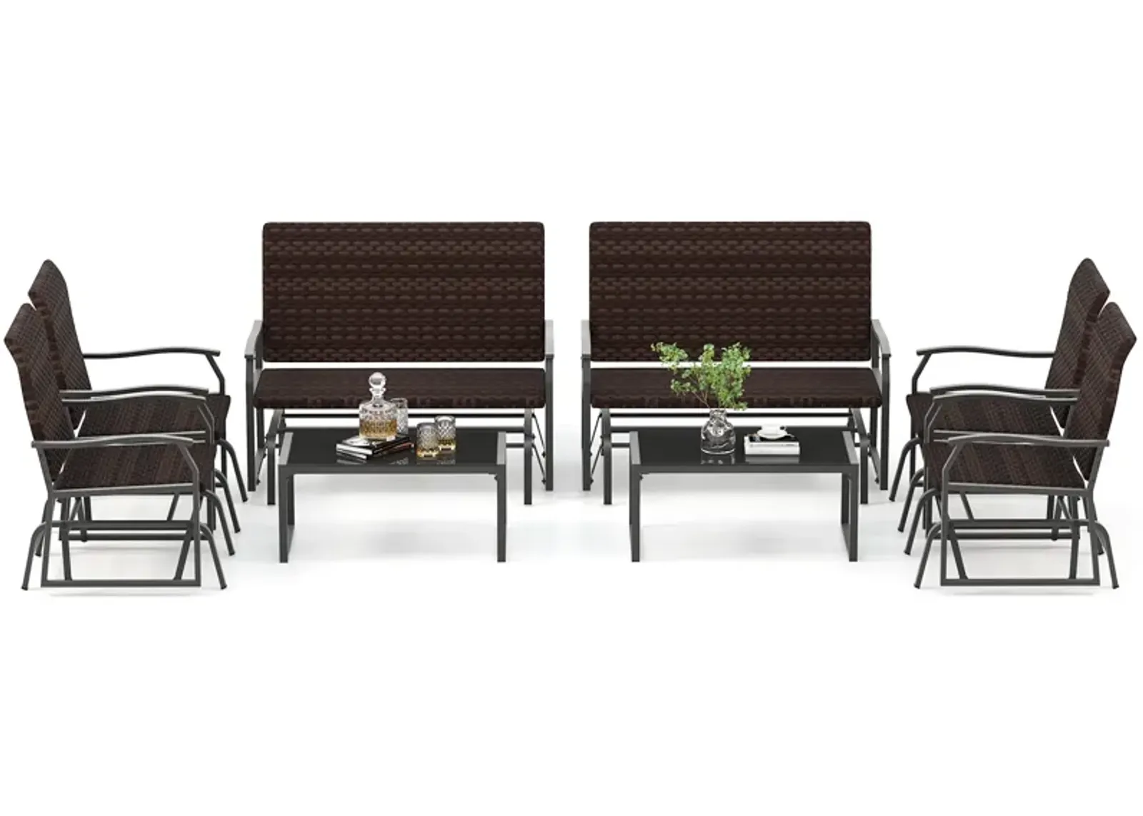 4-Piece Patio Gliding Set with Wicker Swing Glider and All-Weather Cushions, Tempered Glass Coffee Table