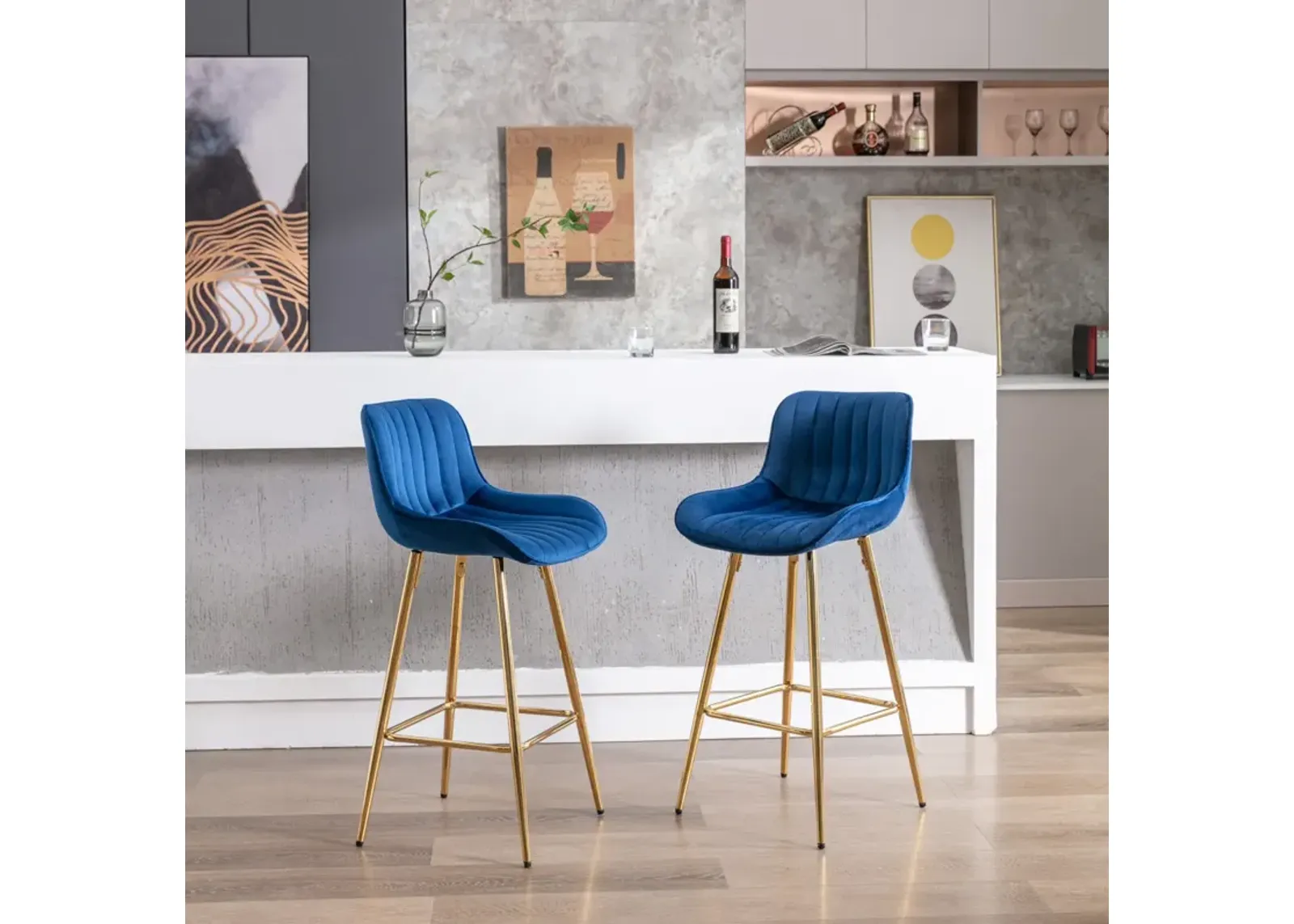 Set of 2 Bar Stools, with Chrome Footrest Velvet Fabric Counter Stool Golden Leg Simple Bar Stool