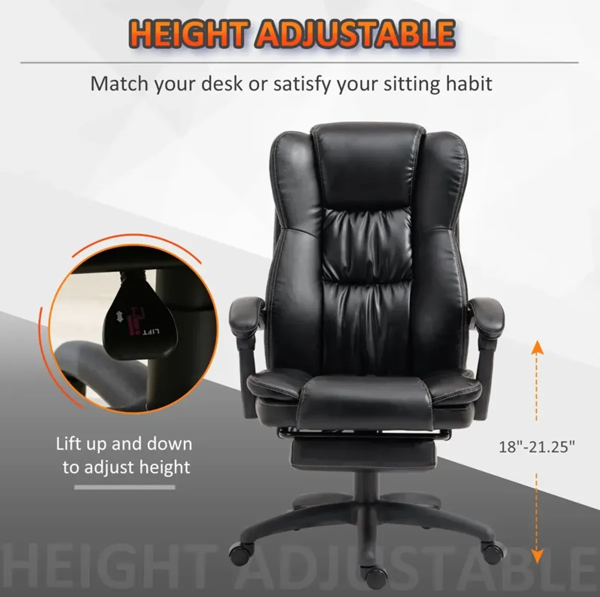 Black Executive Massager: Leather High Back Chair with 6-Point Vibration