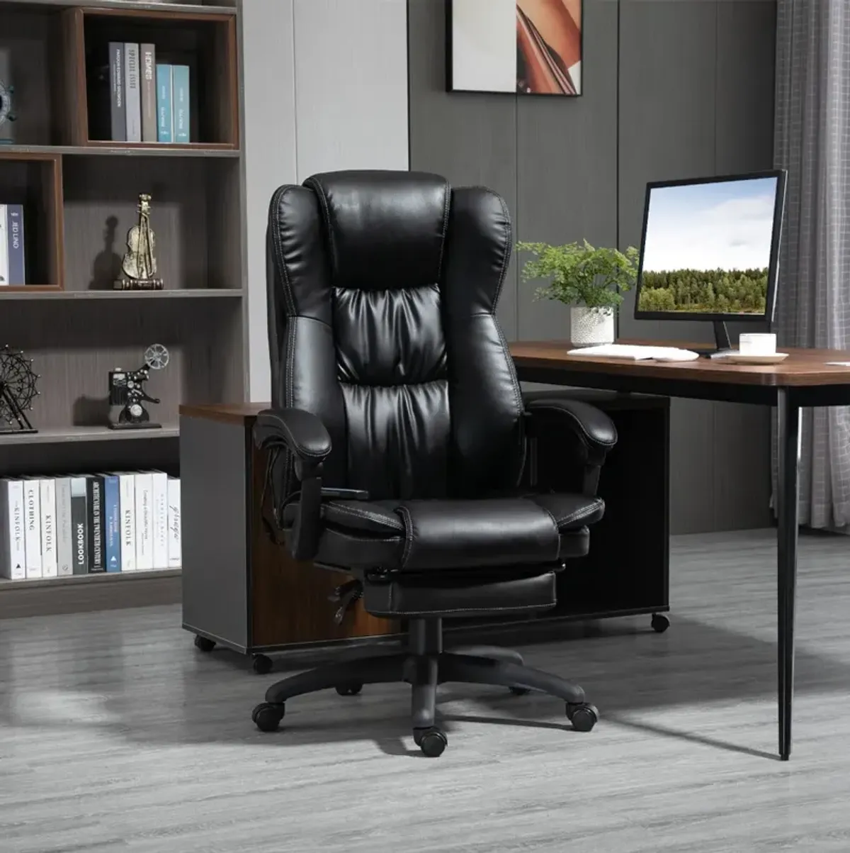 Black Executive Massager: Leather High Back Chair with 6-Point Vibration