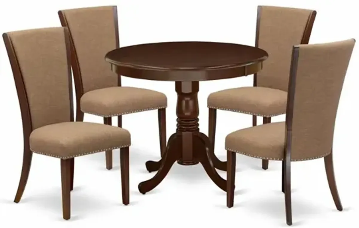 East West Furniture 5 Piece Dining Table Set - 4 Light Sable Linen Fabric Kitchen Chairs with High Back and 1 Dining Room Table - Mahogany Finish