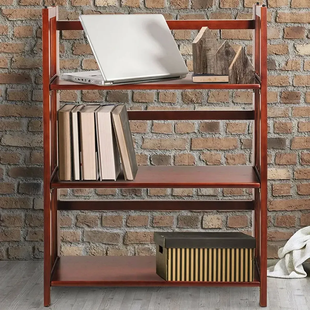 Hivvago 3-Shelf Folding Storage Shelves Bookcase in Walnut Wood Finish