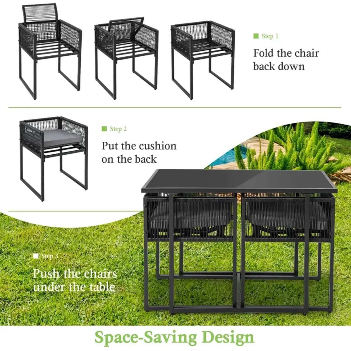 3 Pieces Outdoor Dining Set with Folding Backrest and Seat Cushions-Black