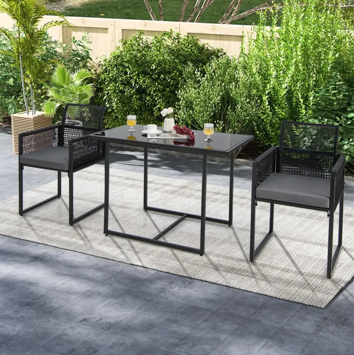 3 Pieces Outdoor Dining Set with Folding Backrest and Seat Cushions-Black