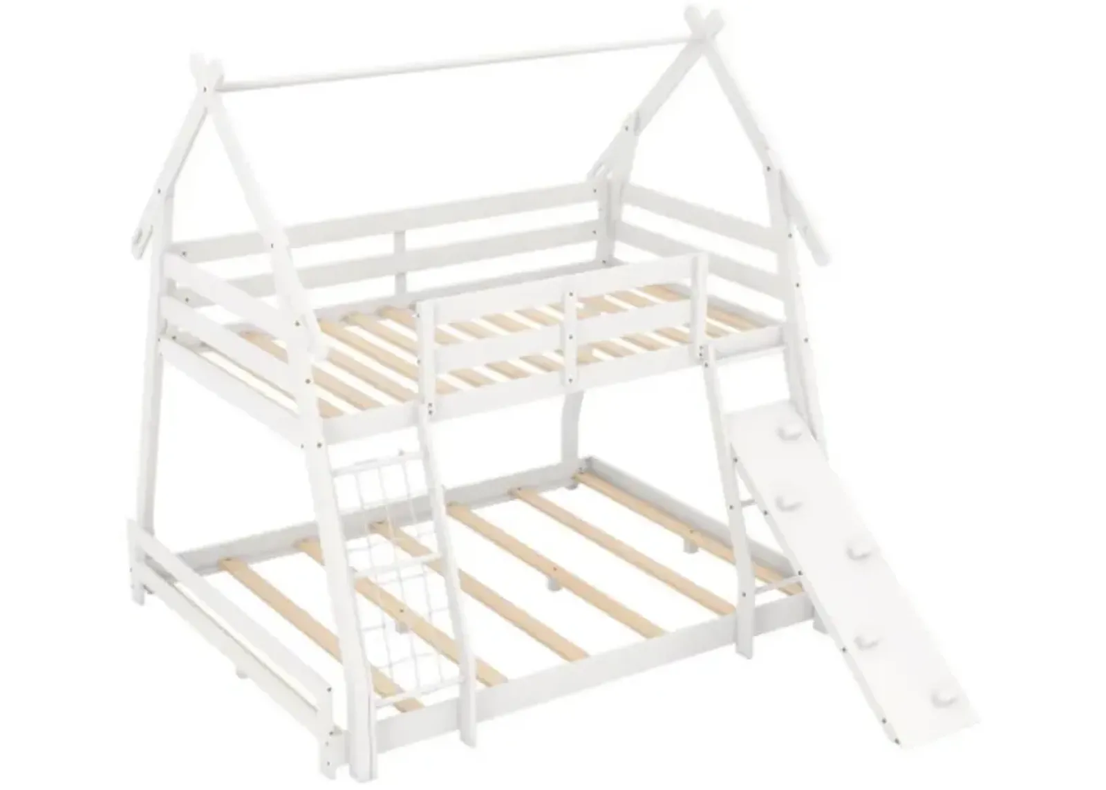 Twin Over Queen Bunk Bed Wooden Kids Bed with Climbing Nets and Ramp