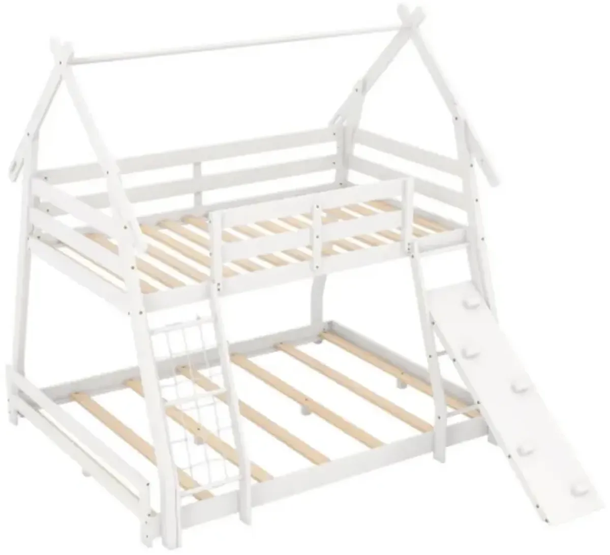 Twin Over Queen Bunk Bed Wooden Kids Bed with Climbing Nets and Ramp