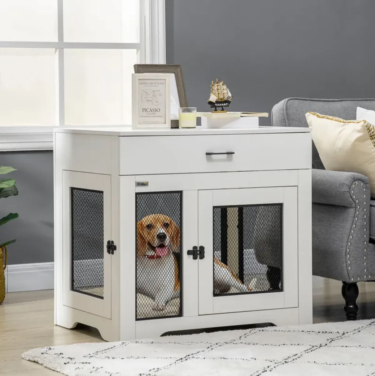 White Pet Furniture: Stylish Dog Crate End Table with Cushion & Drawer