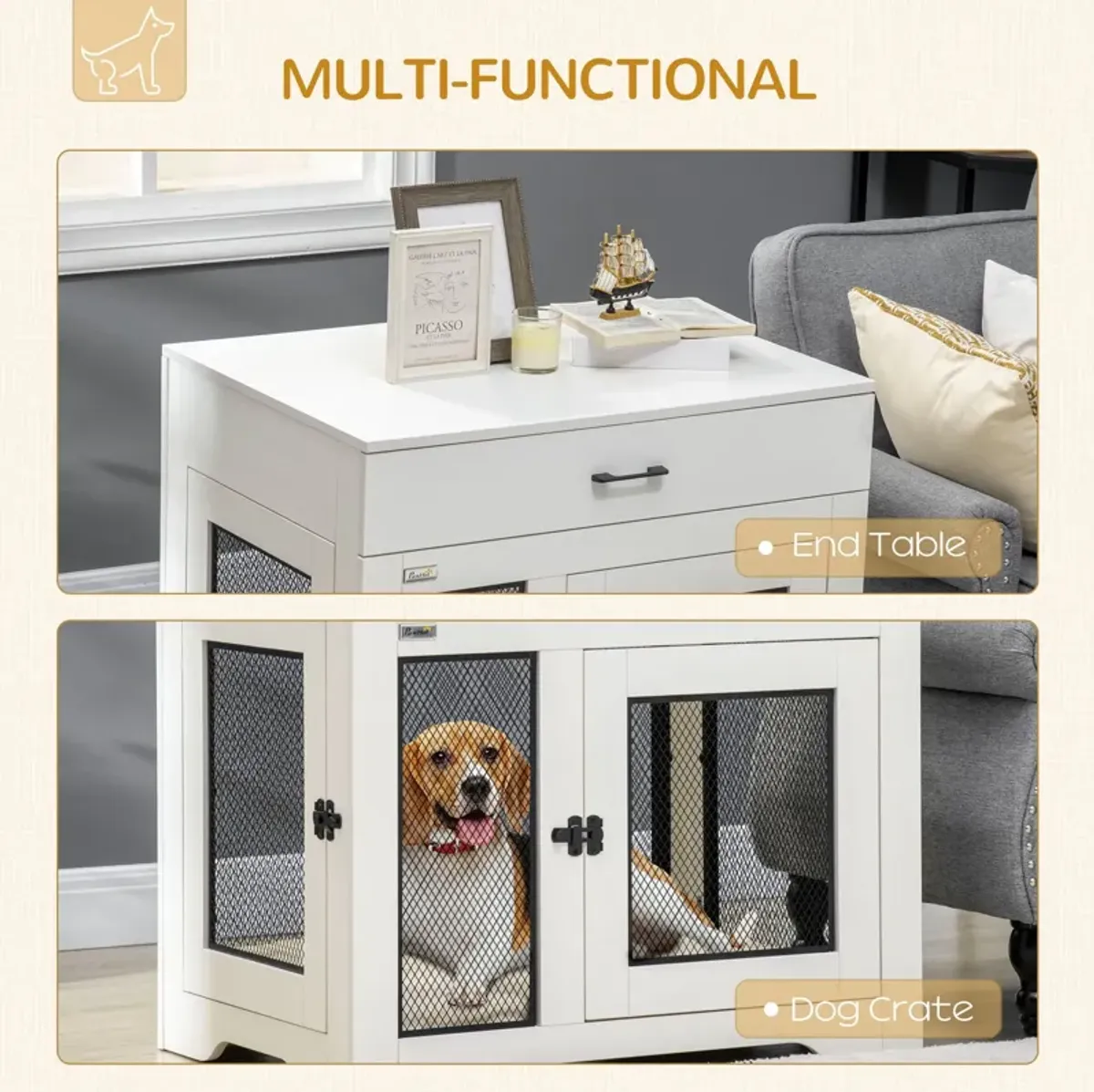 White Pet Furniture: Stylish Dog Crate End Table with Cushion & Drawer