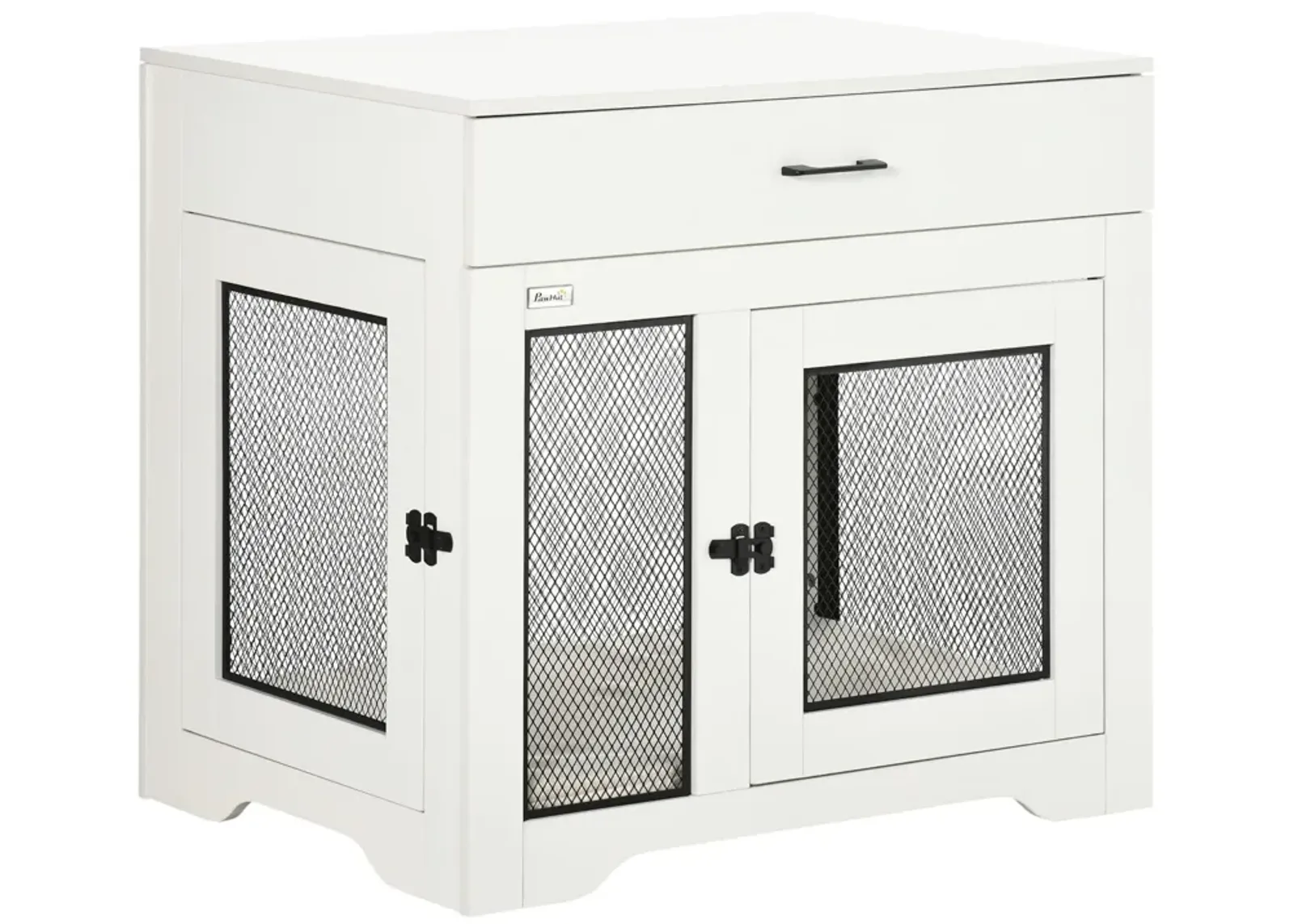 White Pet Furniture: Stylish Dog Crate End Table with Cushion & Drawer