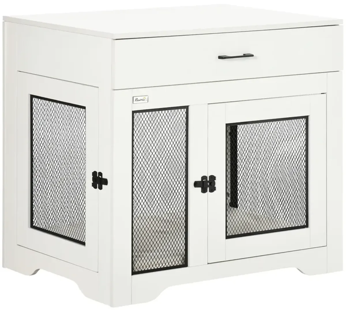 White Pet Furniture: Stylish Dog Crate End Table with Cushion & Drawer