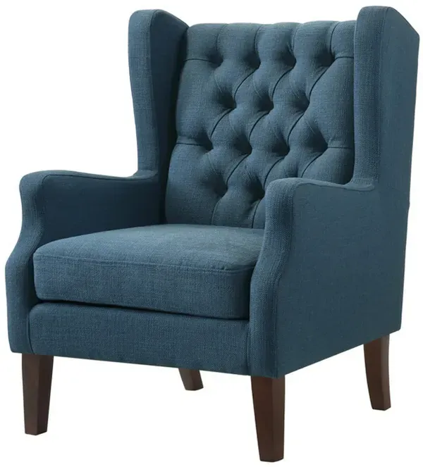 Keva 31 Inch Accent Chair, Deep Button Tufted Wingback, Smooth Blue Fabric-Benzara