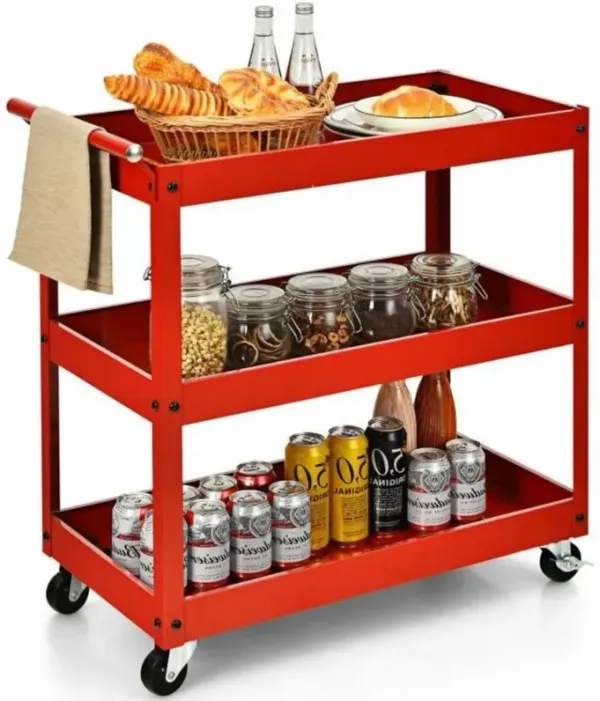 Kitchen Serving Island Cart on Wheels with Two Bottom Shelves for Mobile Storage and Easy Serving