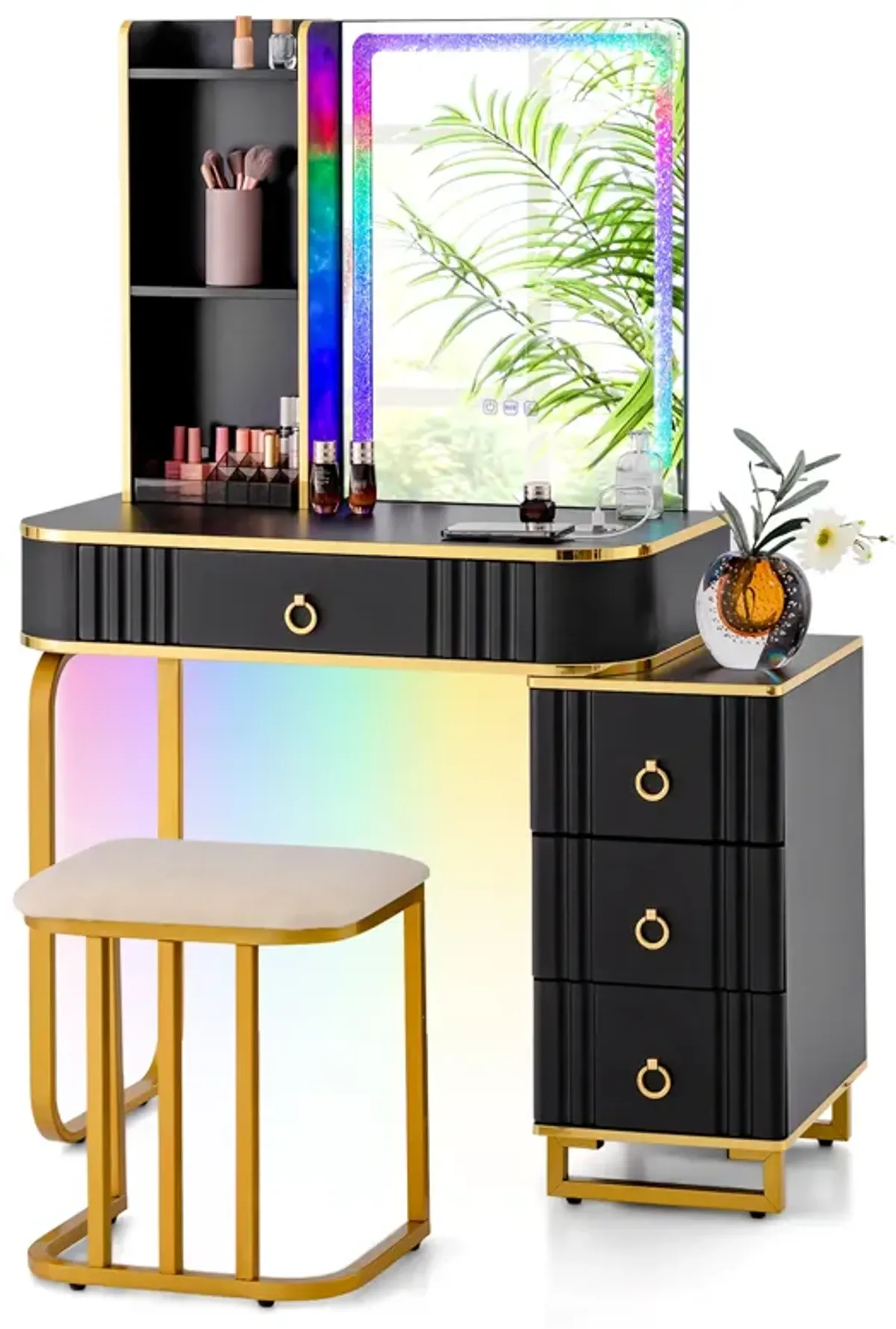 Vanity Table Set with RGB LED Lights and Wireless Charging Station