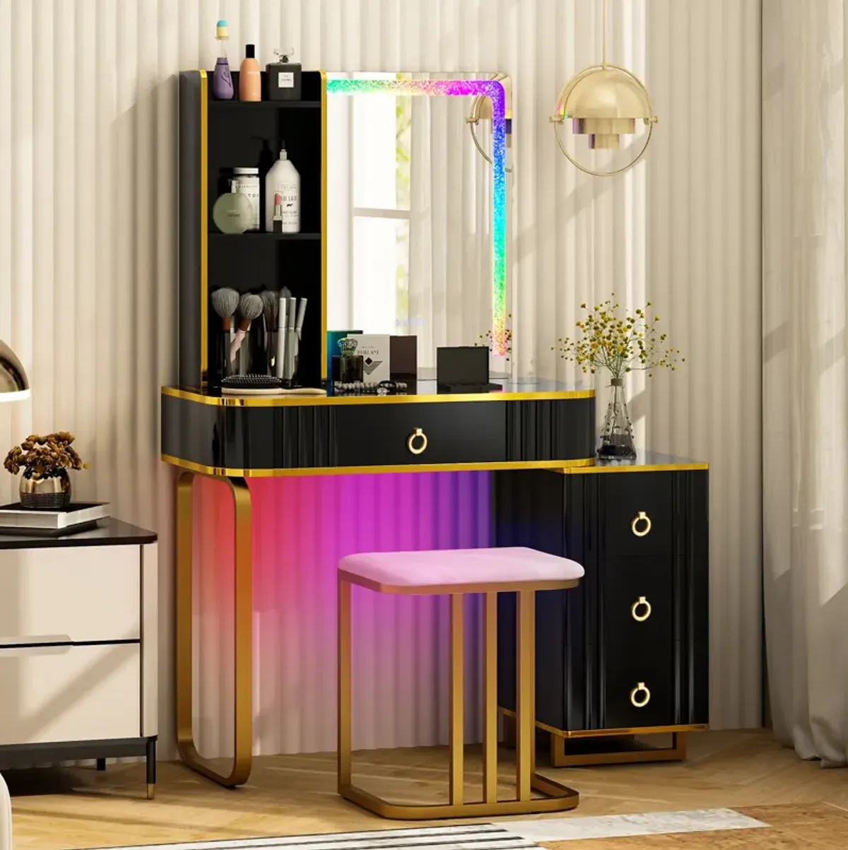 Vanity Table Set with RGB LED Lights and Wireless Charging Station