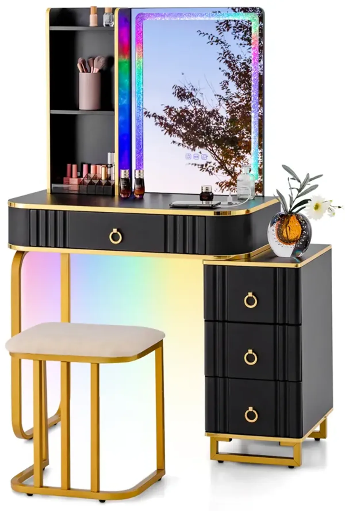 Vanity Table Set with RGB LED Lights and Wireless Charging Station