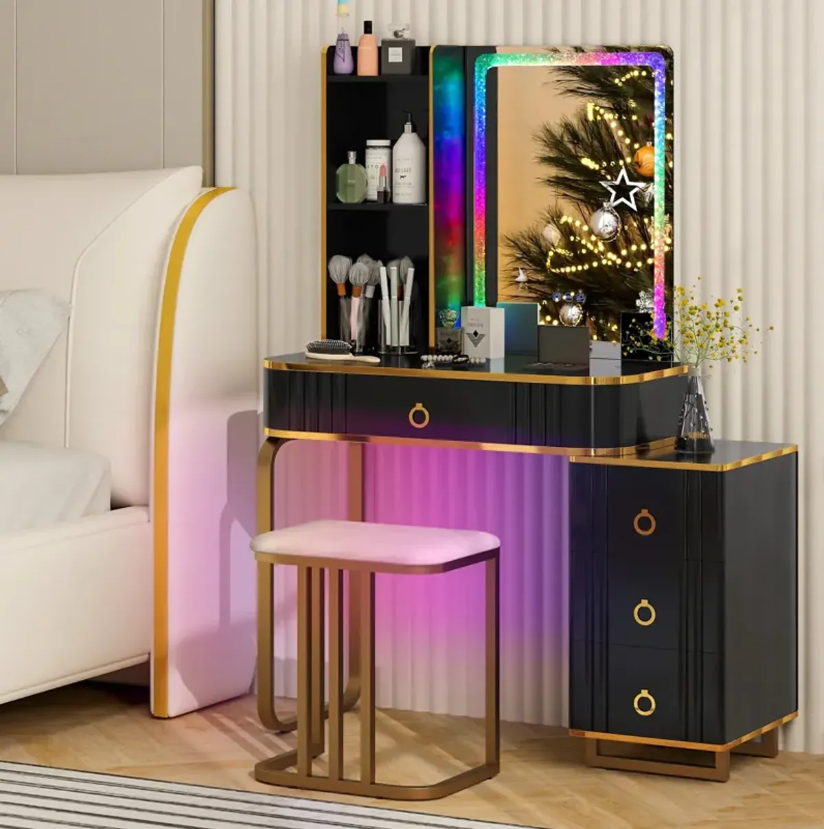 Vanity Table Set with RGB LED Lights and Wireless Charging Station