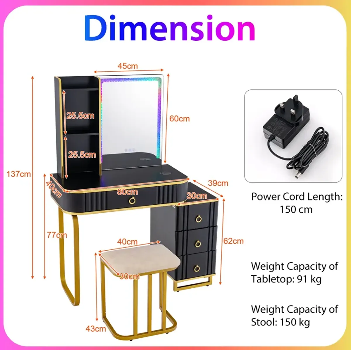 Vanity Table Set with RGB LED Lights and Wireless Charging Station