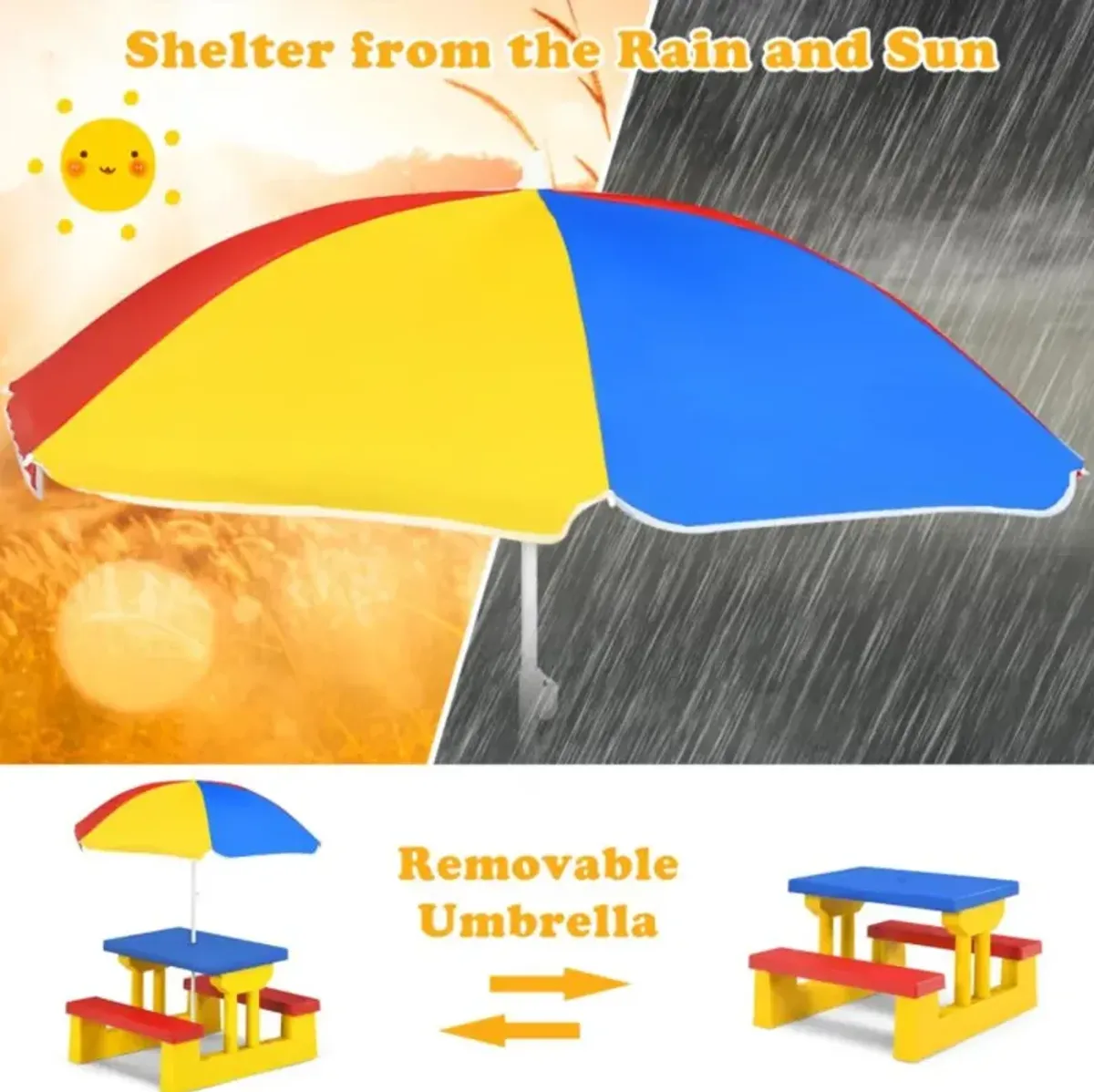 Hivvago Kids Picnic Folding Table and Bench with Umbrella-Yellow