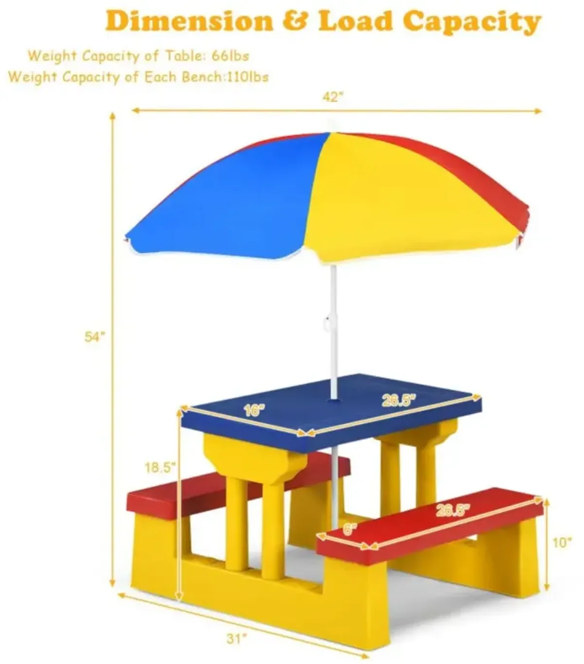 Hivvago Kids Picnic Folding Table and Bench with Umbrella-Yellow