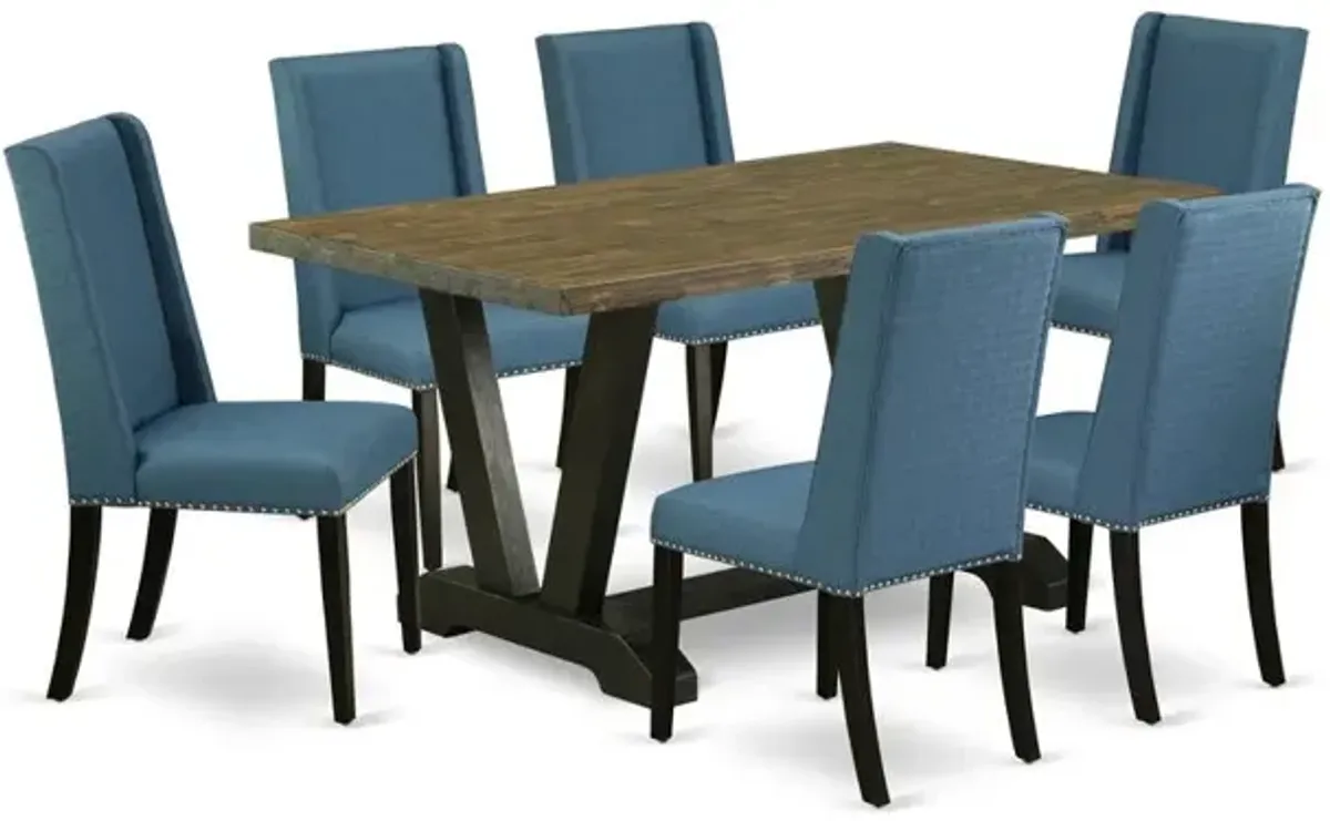 East West Furniture V676FL121-7 7-Piece Stylish Dining Room Set a Great Distressed Jacobean Wood Dining Table Top and 6 Attractive Linen Fabric Parson Chairs with Nail Heads and Stylish Chair Back, Wi