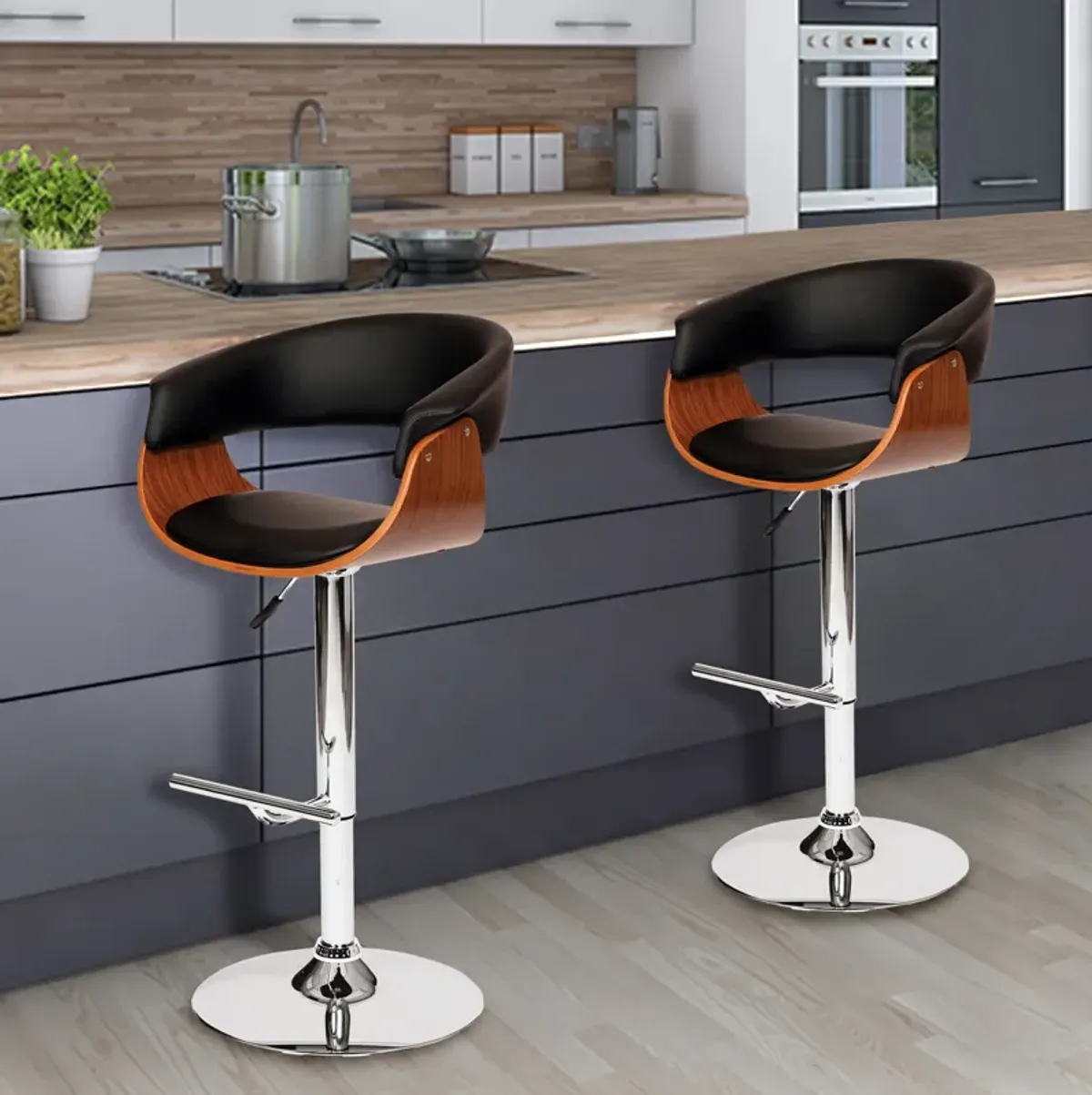 Paris Black Faux Leather Adjustable Height Swivel Walnut Wood and Chrome Stool