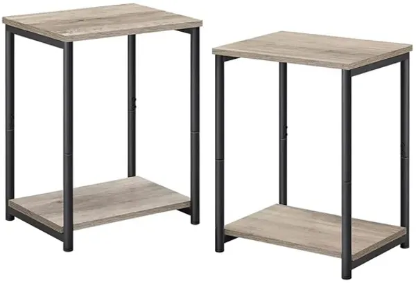 20 Inch Side End Table Set of 2, Square, Bottom Shelf, Black Metal, Gray - Benzara