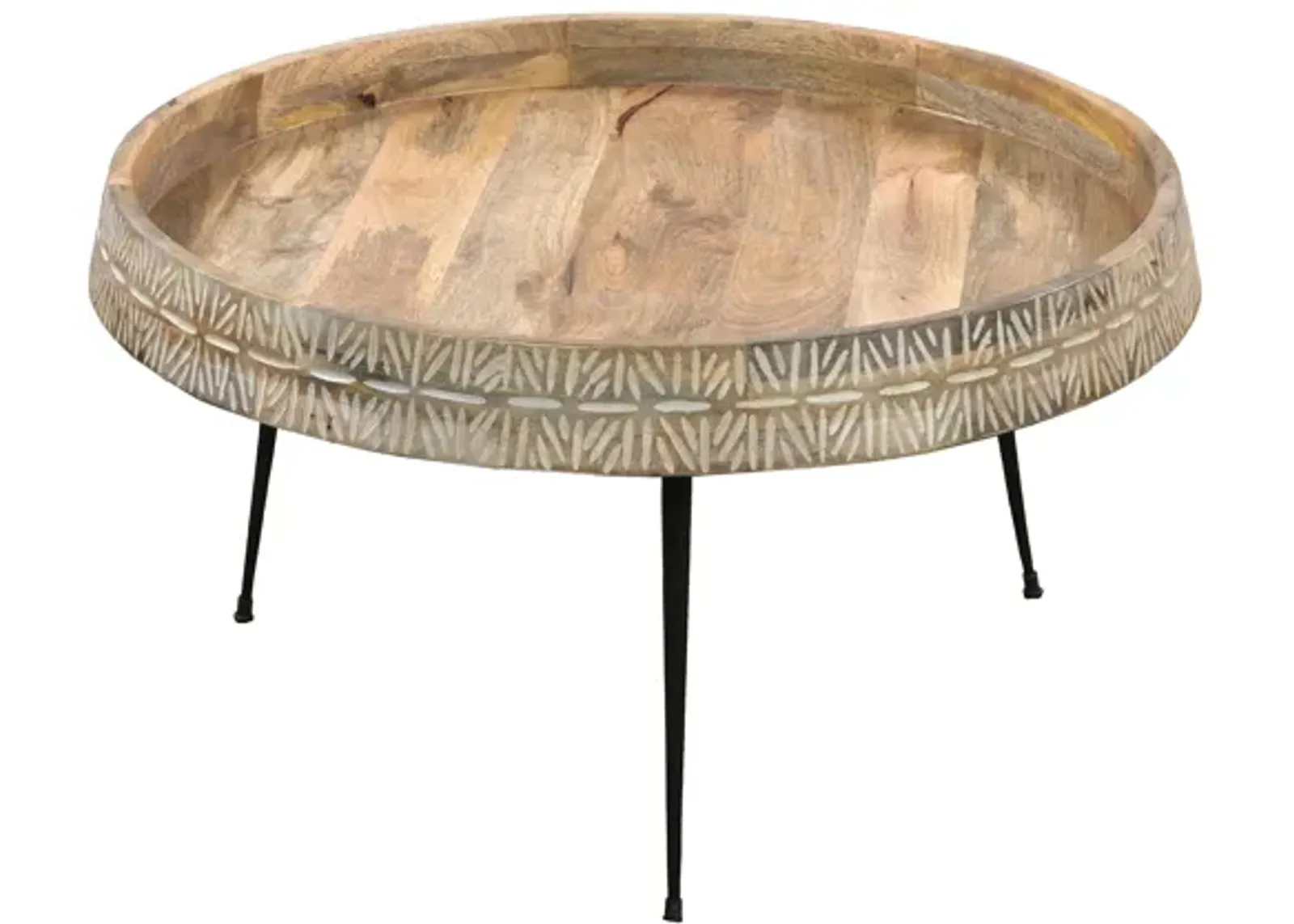 29 Inch Modern Handcrafted Round Coffee Table, Natural Brown Wood Top with Carved Edge, Black Iron Legs-Benzara