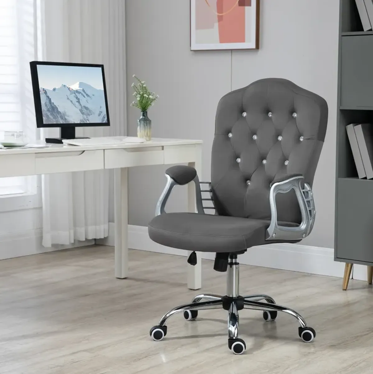 Vinsetto Home Office Chair, Velvet Computer Chair, Button Tufted Desk Chair with Swivel Wheels, Adjustable Height, and Tilt Function, Dark Gray