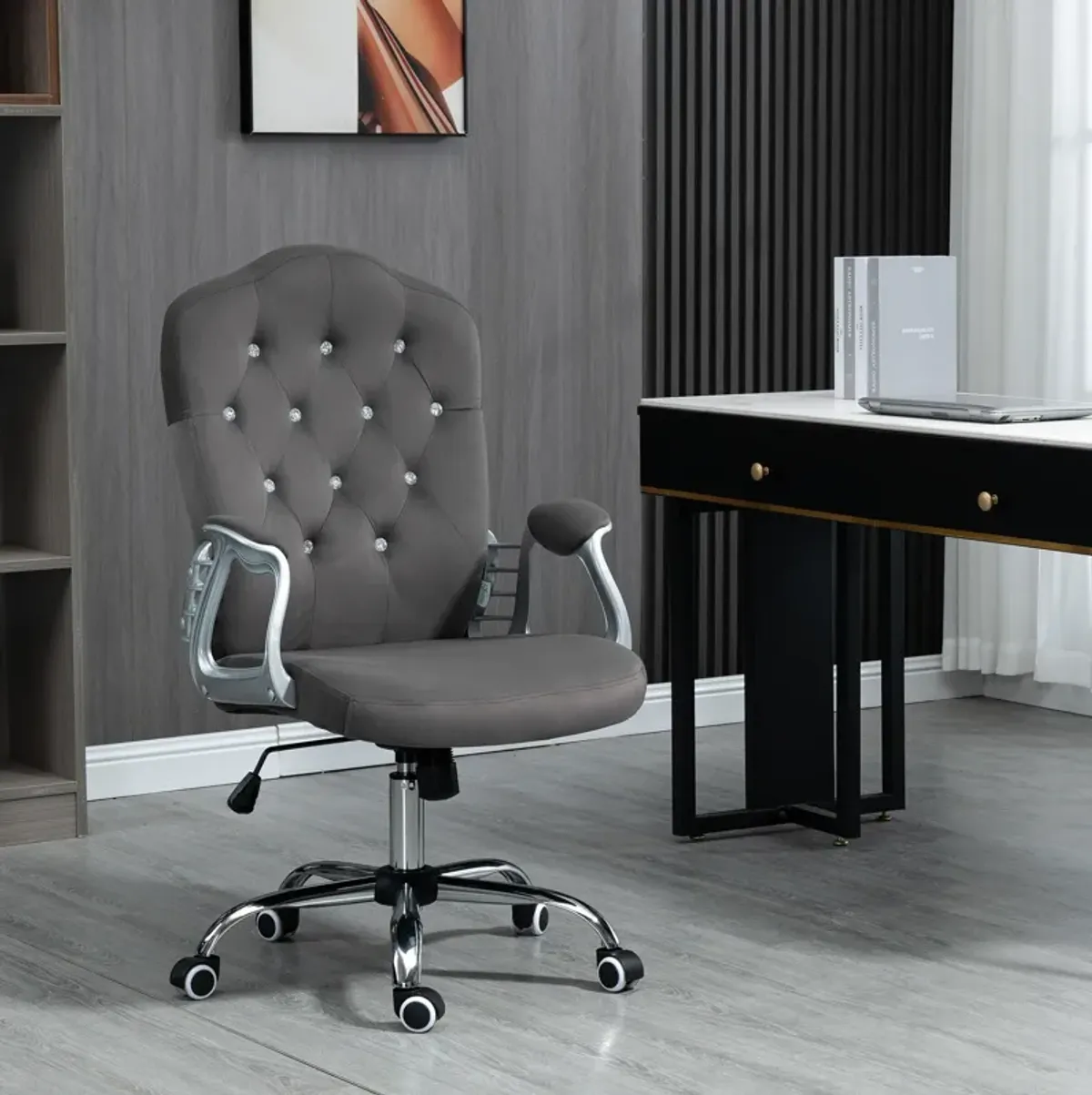 Vinsetto Home Office Chair, Velvet Computer Chair, Button Tufted Desk Chair with Swivel Wheels, Adjustable Height, and Tilt Function, Dark Gray