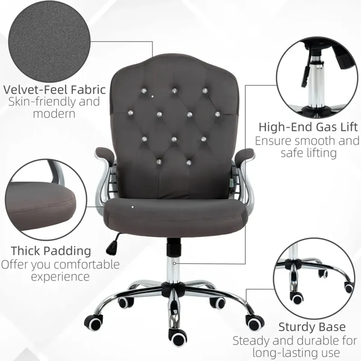 Vinsetto Home Office Chair, Velvet Computer Chair, Button Tufted Desk Chair with Swivel Wheels, Adjustable Height, and Tilt Function, Dark Gray