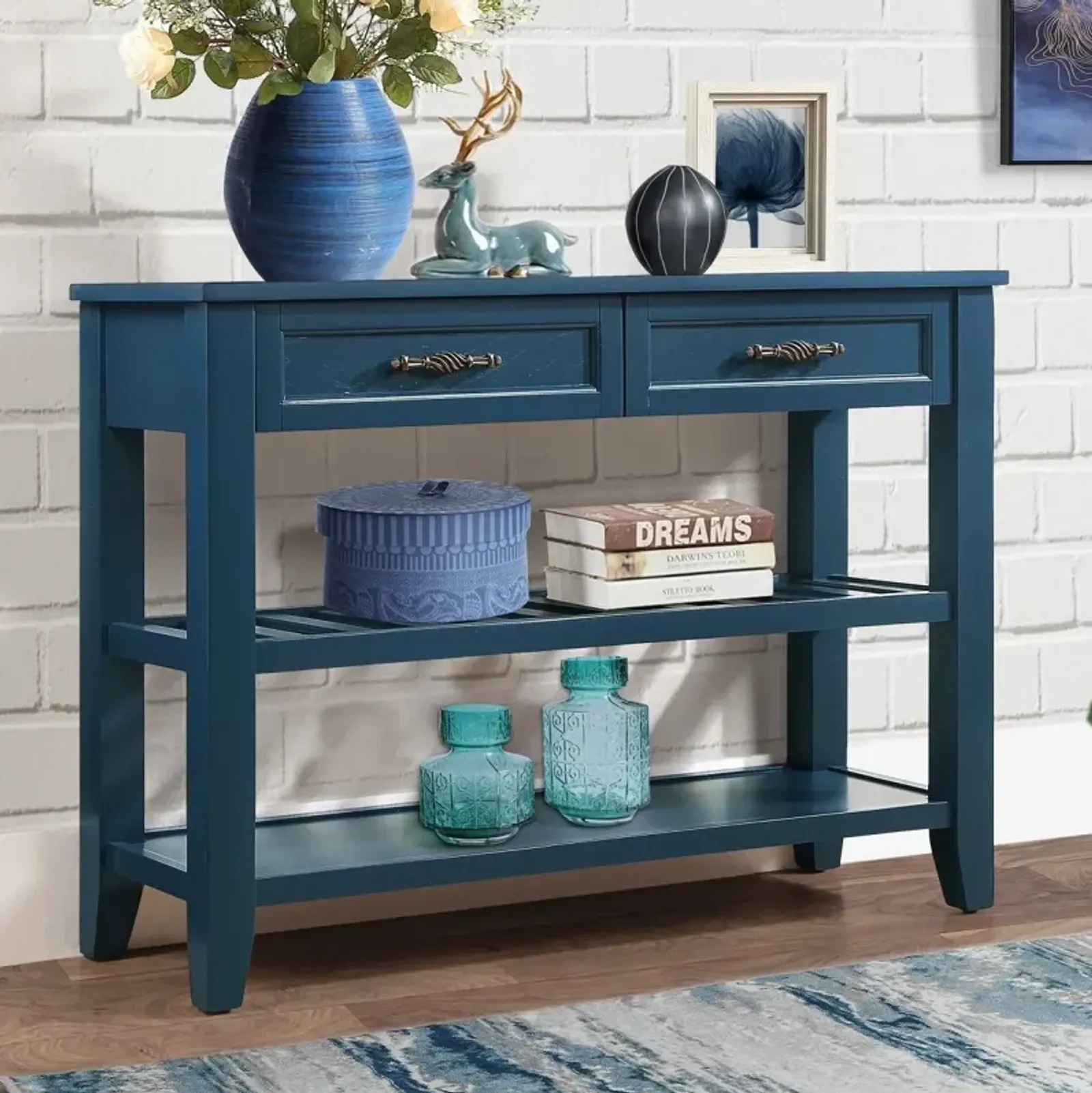 Mid-Century Navy Blue Console Sofa Table