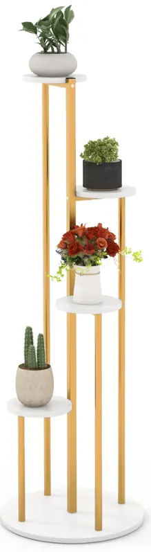 Indoor Metal Plant Stand Corner Plant Shelf for Potted Plant with Golden Metal Frame-White